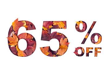 Paper cut 65 percent off text filled with texture of yellow and red autumn fall maple leaves isolated on white background. Autumn flyer, banner or poster design template. Fall shopping concept.