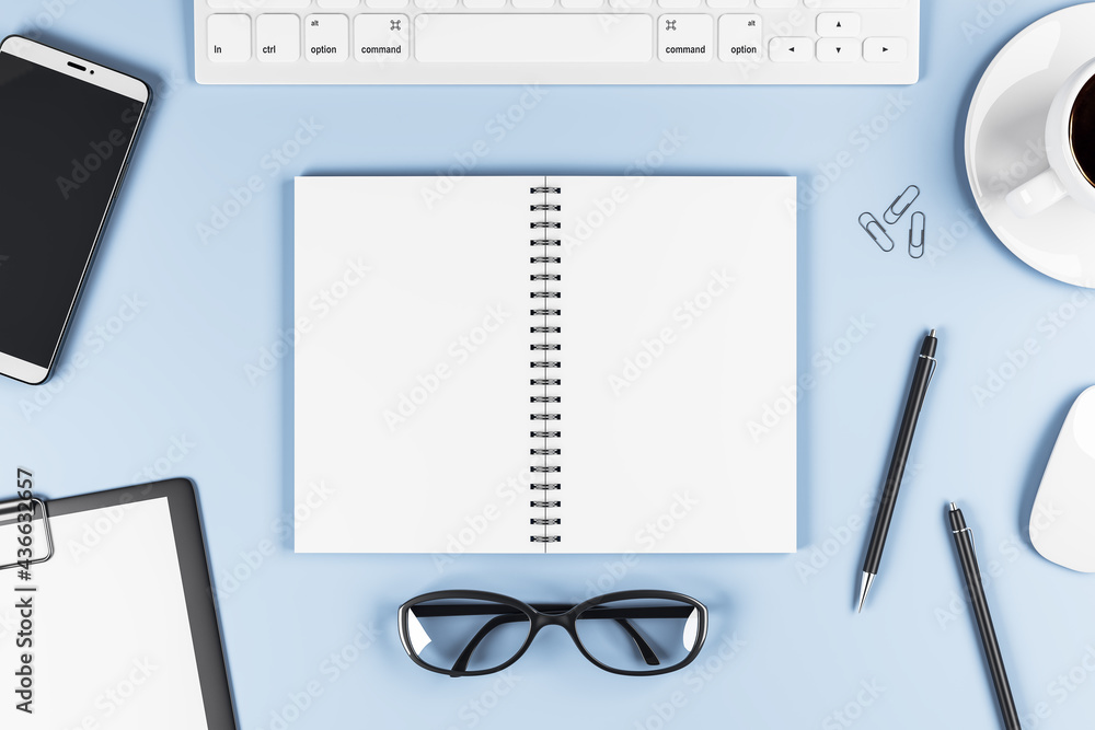 Poster stylish light blue table with keyboard, white notebook pages with copyspace, tea cup, modern smartph