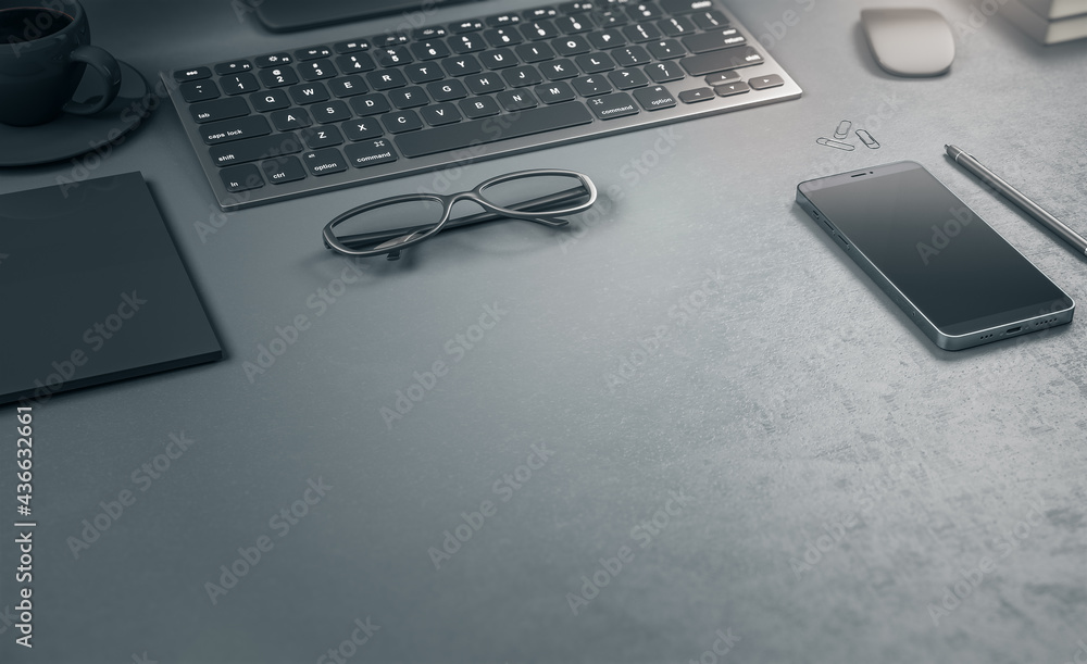 Poster stylish brutal workspace with black keyboard, glasses and modern smartphone on dark concrete surface