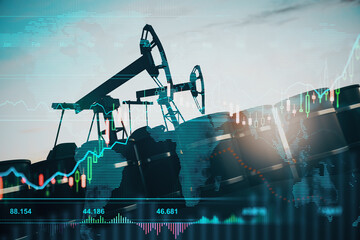 Oil pumping machinery in operation with barrels and digital screen with world map and financial...