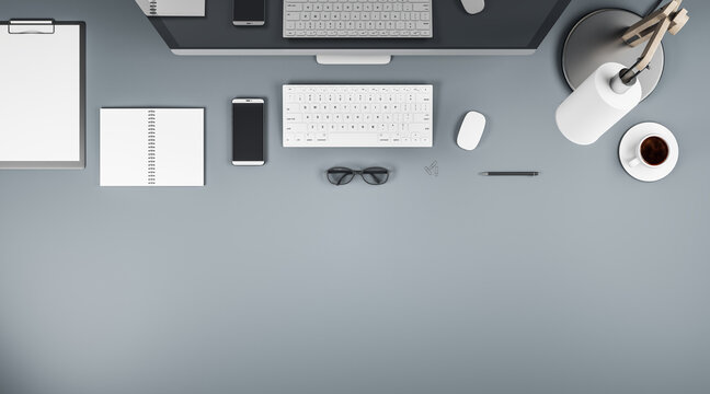 Modern blank office table surface with computer monitor, smartphone, white keyboard and open notebook. 3D rendering, mock up