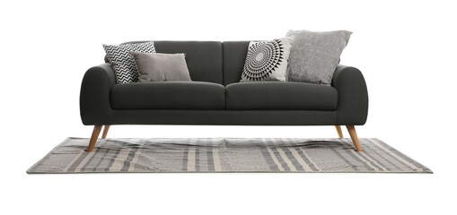 Comfortable grey sofa with cushions and carpet on white background. Furniture for living room...