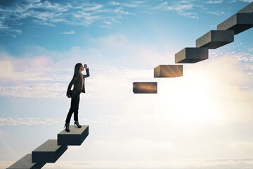 Businesswoman in career growth and challenge concept with broken staircase on bright sky background.