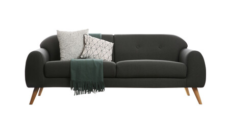 Comfortable grey sofa with cushions and blanket on white background. Furniture for living room...