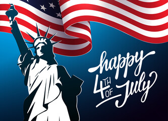 Naklejka premium Blue illustration with waving USA flag, independence day, design element
