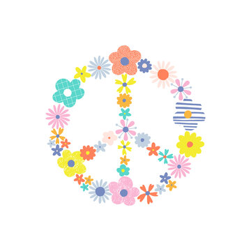 Bloomy pacific sign vector illustration isolated on white.Cute hippie peace symbol with multicoloured vibrant decorative flowers clipart. Boho childish summer t-shirt print design.