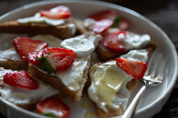 Healthy food breakfast strawberry toast with butter cream