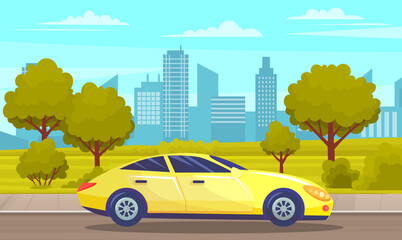 Yellow car drive on road in city against tall buildings and alley with large trees. Urban road summertime flat vector illustration. Car tourism, family auto trip, journey, automobile transport