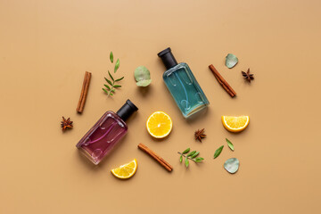 Set of perfume bottles with fragrance spaces and fruits