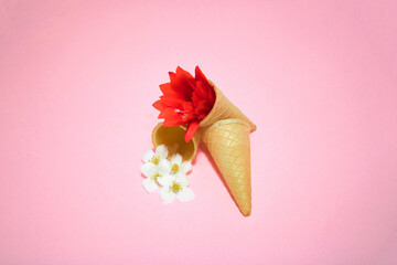 Red and white flowers with ice cream cone. Minimal concept..