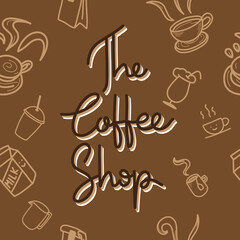 The Coffee shop set handwriting calligraphy is pattern isolated on a brown  background, Vector EPS 10