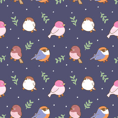 Seamless Pattern with Bird and Leaf Illustration Design on Dark Blue Background