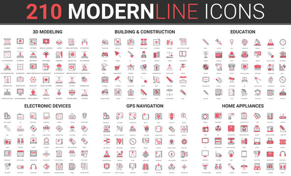 Building Construction, Home Appliances Electronic Devices, Gps Navigation Thin Red Black Line Icon Vector Illustration Set. Outline Professional 3d Modeling Engineering Process, Education Technology