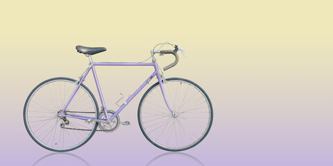 side view violet bicycle on yellow and violet background, object, transportation, sport, livestyle, copy space