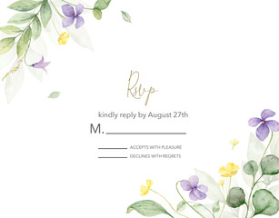 Watercolor hand painted wedding rsvp card template.