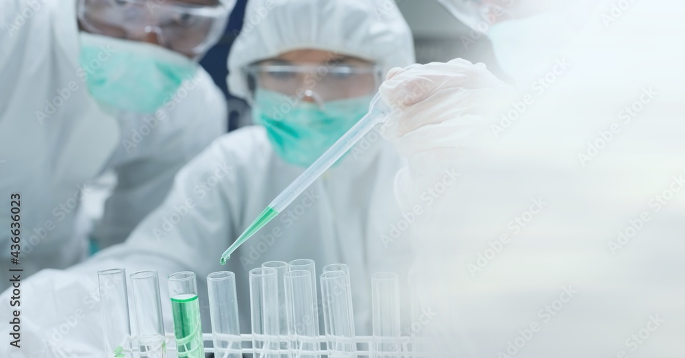 Poster composition of scientists in ppe suits with test tubes working in laboratory and copy space