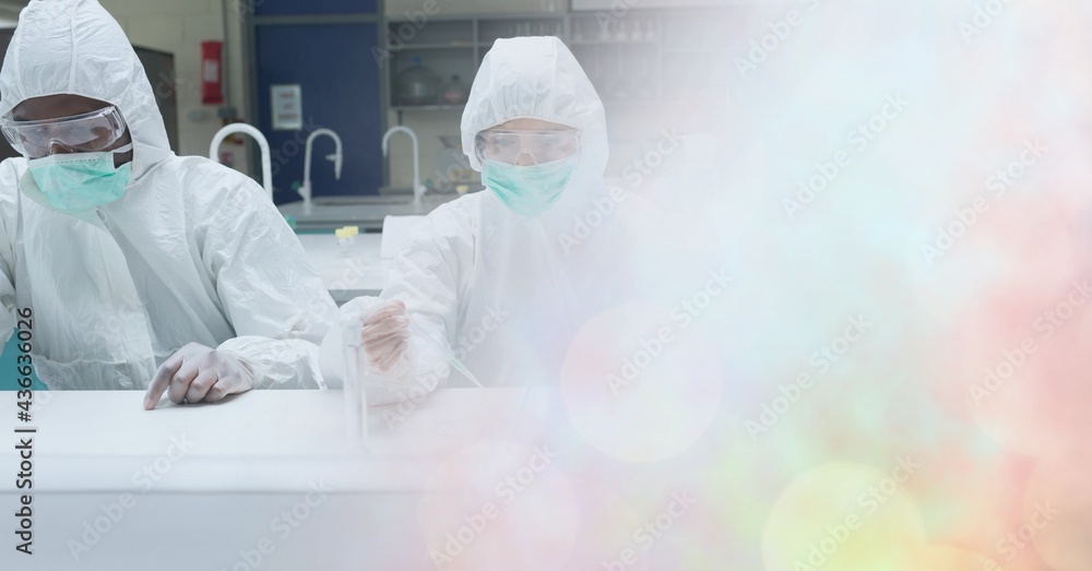 Aufkleber composition of scientists in ppe suits working in laboratory and copy space