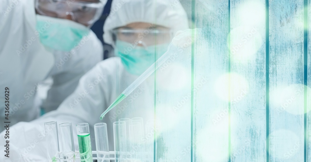 Poster composition of scientists in ppe suits with test tubes working in laboratory and copy space