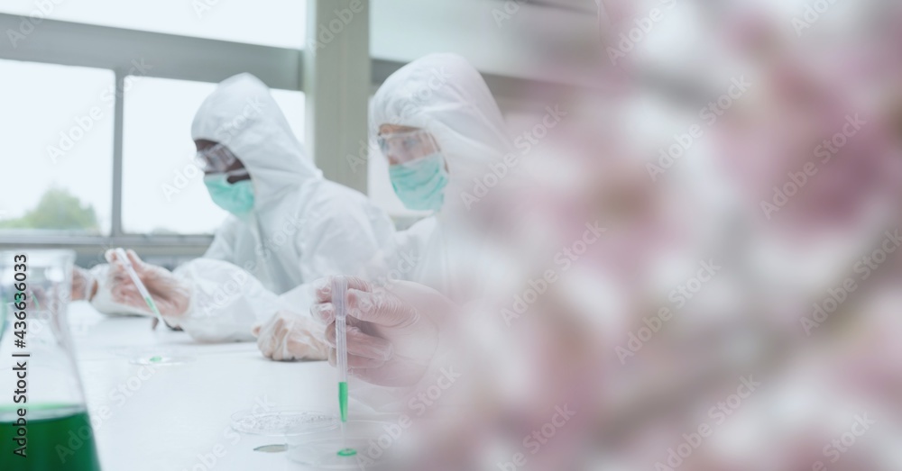 Aufkleber composition of scientists in ppe suits with test tubes working in laboratory and copy space