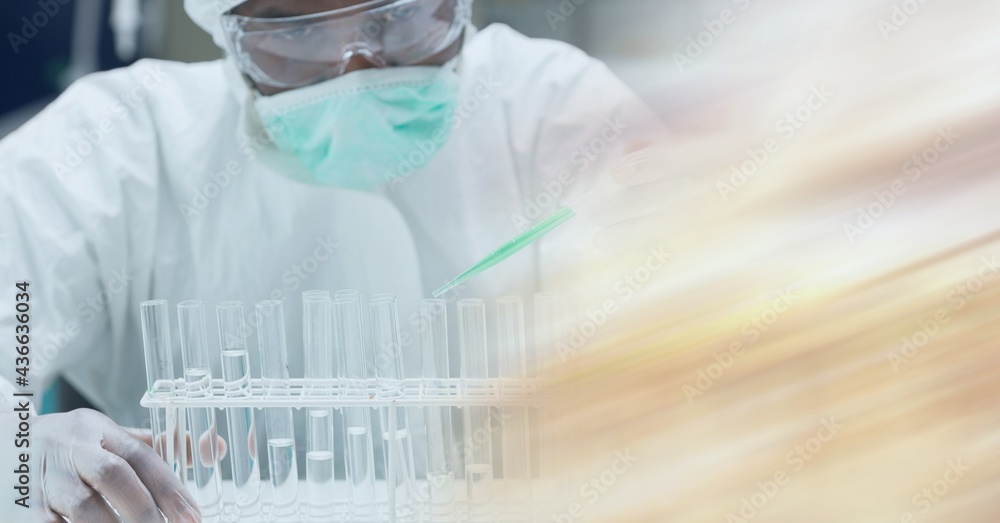 Poster composition of scientists in ppe suit with test tubes working in laboratory and copy space