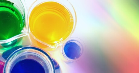 Composition of overhead view of colourful liquids in beakers, with colourful copy space to right