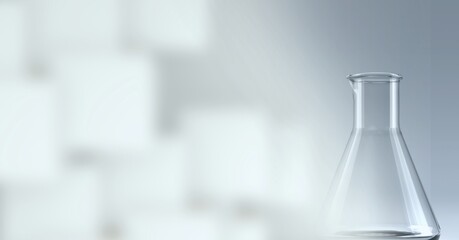 Composition of empty chemistry conical flask, with blurred white copy space