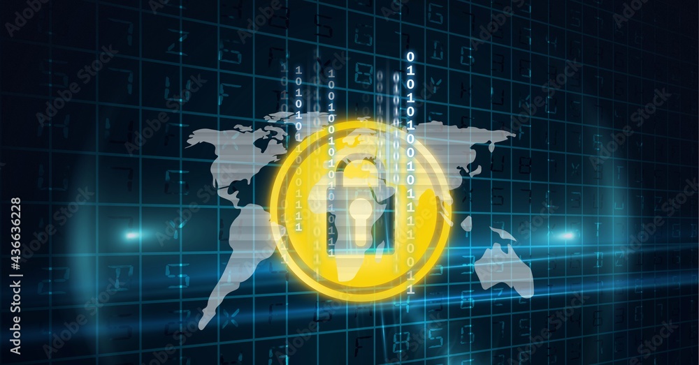 Poster composition of yellow padlock icon with map and binary over grid, with lights on black background