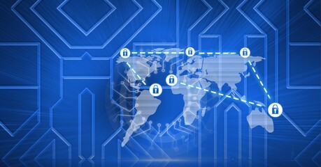 Composition of world map with connected padlock icons on blue circuitboard background