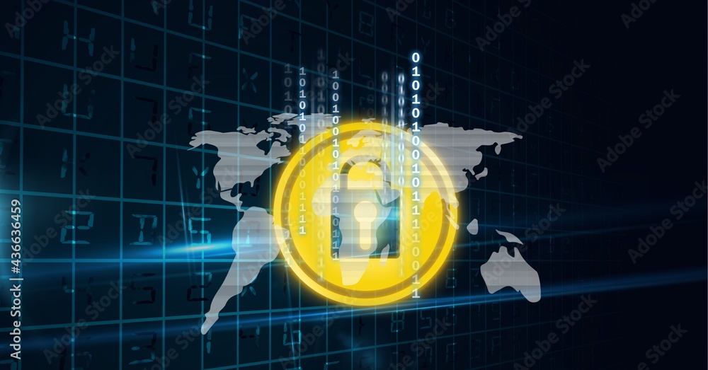 Poster composition of yellow padlock icon with map and binary over grid, with lights on black background