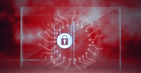 Composition of white padlock icon with circuits on transparent screen against red cloud background