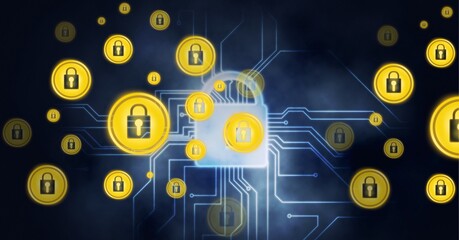 Composition of floating yellow padlock icons over glowing white padlock and circuitboard on black