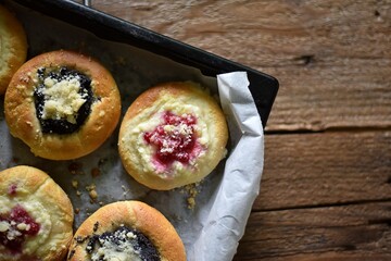 baked traditional sourdough buns with cottage cheese filling 