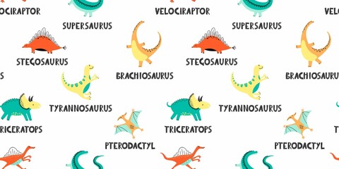 Colorful dinosaurs vector with names seamless pattern. Cartoon dino characters with titles background. Scandinavian illustration. Kids textile, wrapping paper, fabric, backdrop fill © Lelya Golf