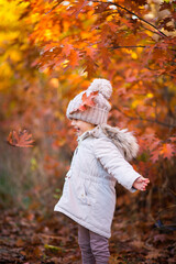 baby girl in autumn park playing with leaves