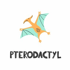 Pterodactyl cute vector character. Flying dinosaur clipart with lettering. Flat vector illustration with separated elements.