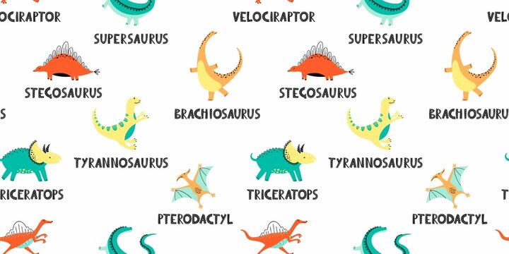 Colorful dinosaurs vector with names seamless pattern. Cartoon dino characters with titles background. Scandinavian illustration. Kids textile, wrapping paper, fabric, backdrop fill