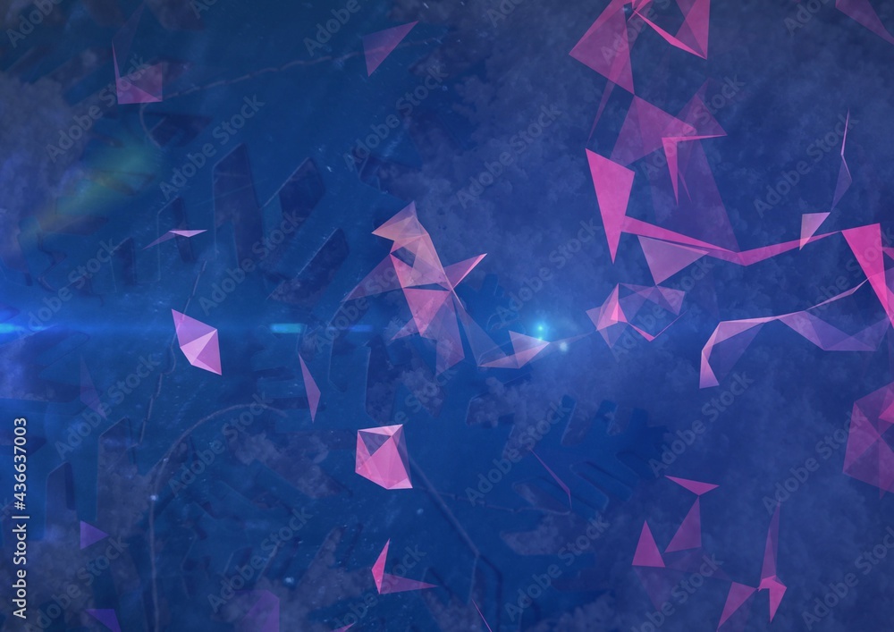 Poster composition of dark grey and red angular abstract forms with beam of blue light
