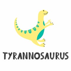 Tyrannosaurus cute vector character. T-rex dinosaur clipart with lettering. Flat vector illustration with separated elements.