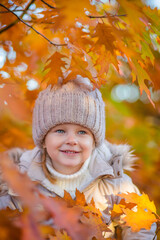 baby girl in autumn park playing with leaves