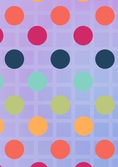 Composition of multiple colourful spots over pattern on purple background