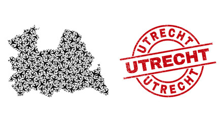 Utrecht rubber seal, and Utrecht Province map mosaic of aeroplane items. Mosaic Utrecht Province map designed from air force symbols. Red seal with Utrecht text, and distress rubber texture.