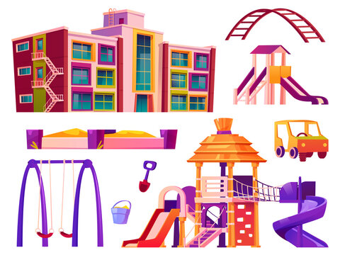 Playground and kindergarten elements, isolated swings and sandbox, attractions for kids. Building for preschoolers, set of constructions for leisure and fin of children. Amusement cartoon vector