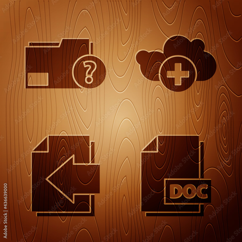 Poster Set DOC file document, Unknown document folder, Next page arrow and Add cloud on wooden background. Vector