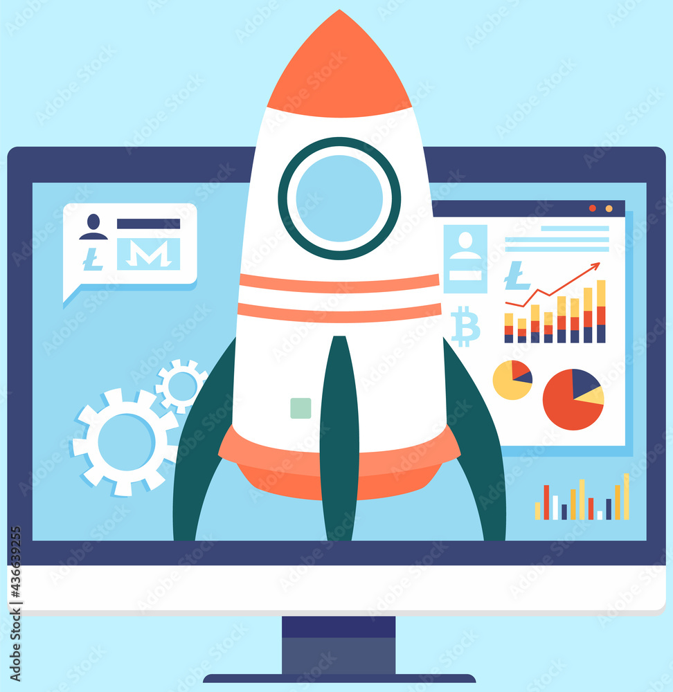 Poster computer monitor with rocket on screen. launching new project. business startup with spaceship. rock