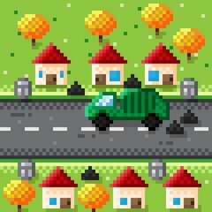 Garbage collection vehicles in the village pixel art.
