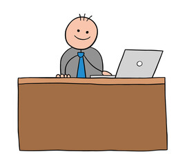 Stickman businessman character happy and sitting at the desk, vector cartoon illustration