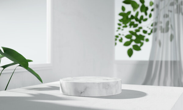 White marble product display podium with nature leaves background. 3D rendering