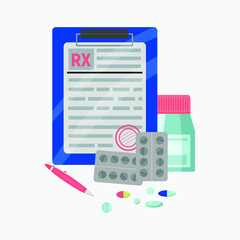 Color vector illustration of RX form doctor prescription. Medicines with medical blank on white background in flat style. Healthcare document, pills in capsules, in a jar