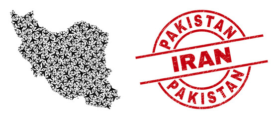 Pakistan Iran textured seal, and Iran map mosaic of jet vehicle elements. Mosaic Iran map constructed of jet vehicles. Red watermark with Pakistan Iran text, and corroded rubber texture.