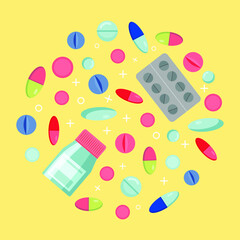 Set of vector pills and capsules . painkillers, antibiotics, vitamins and aspirin. Pills blister and jar. Medical pills icon. vector illustration in flat style